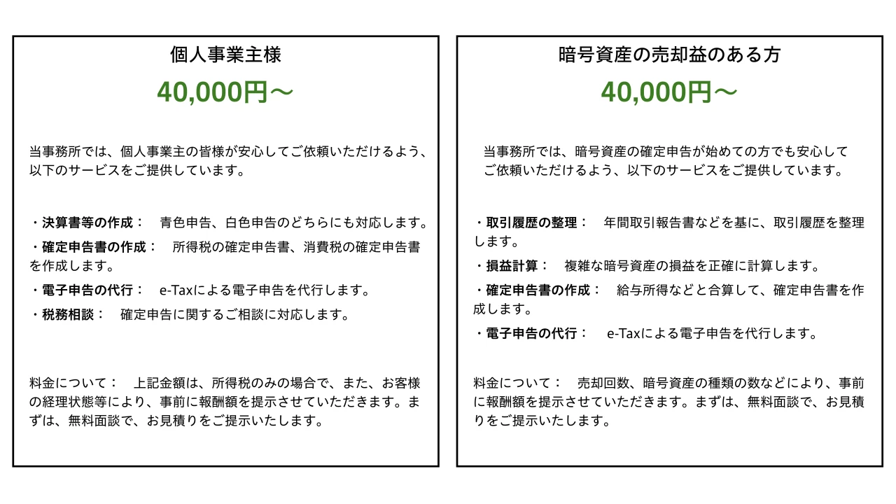 個人事業主様は4万円から。暗号資産の売却益のある方は4万円から。